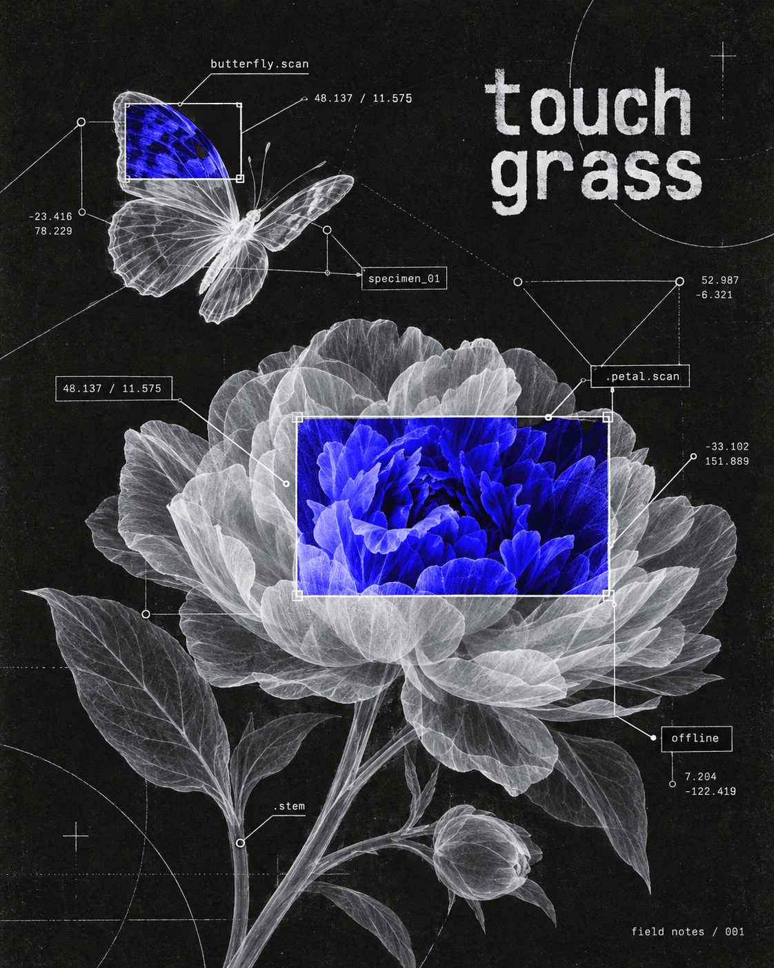 Grainy botanical X-ray poster of a peony and butterfly with electric blue scan windows, technical annotations, and the words “touch grass”.